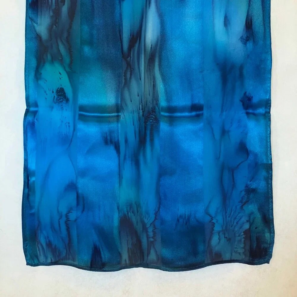 Hand Painted Silk Scarf Turquoise Dark Light Blue Rectangle Head Hair Neck New - Picture 5 of 6
